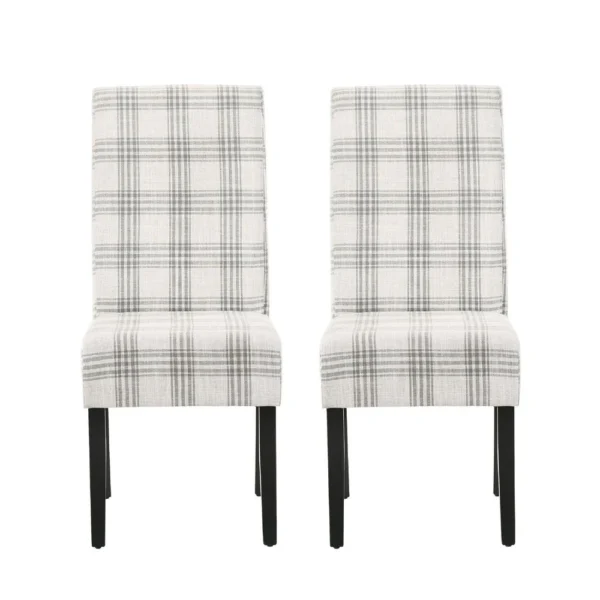 Cini Dining Side Chair Set of 2, Gray Plaid Fabric, Black Wood Legs