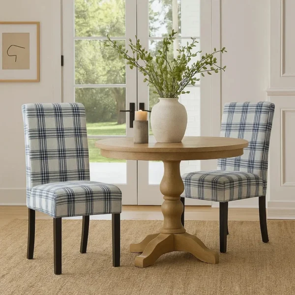 Cini Dining Side Chair Set of 2, Blue Cream Fabric, Black Wood Legs