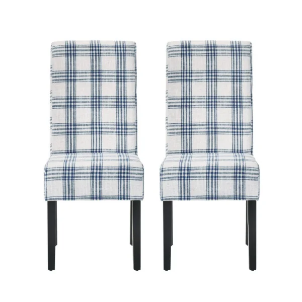 Cini Dining Side Chair Set of 2, Blue Cream Fabric, Black Wood Legs