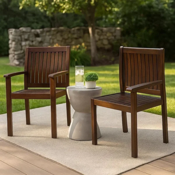 Alison Outdoor Dining Arm Chair Set of 2, Slatted Brown Acacia Wood