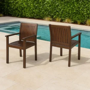 Alison Outdoor Dining Arm Chair Set of 2, Slatted Brown Acacia Wood