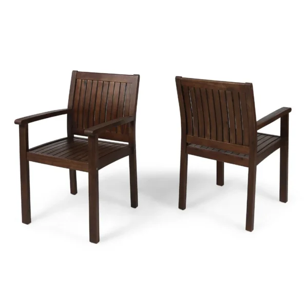 Alison Outdoor Dining Arm Chair Set of 2, Slatted Brown Acacia Wood
