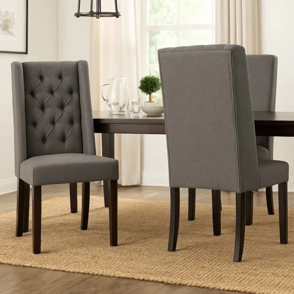 BM335441_5 Nathan Dining Chair Set of 2, Dark Brown Wood, Tufted Gray Wingback