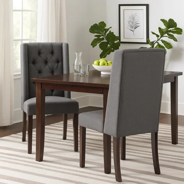 BM335441_6 Nathan Dining Chair Set of 2, Dark Brown Wood, Tufted Gray Wingback