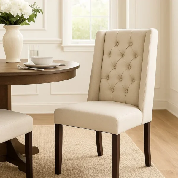 BM335442_5 Nathan Dining Chair Set of 2, Dark Brown Wood, Tufted Beige Wingback