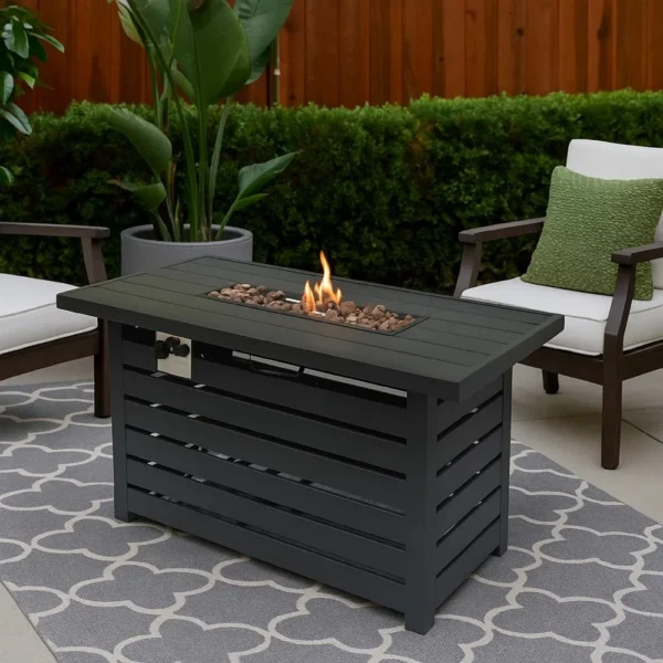BM335462_5 Outdoor Fire Pit, Black Iron, Inner Propane Gas Tank Storage, 47 Inch