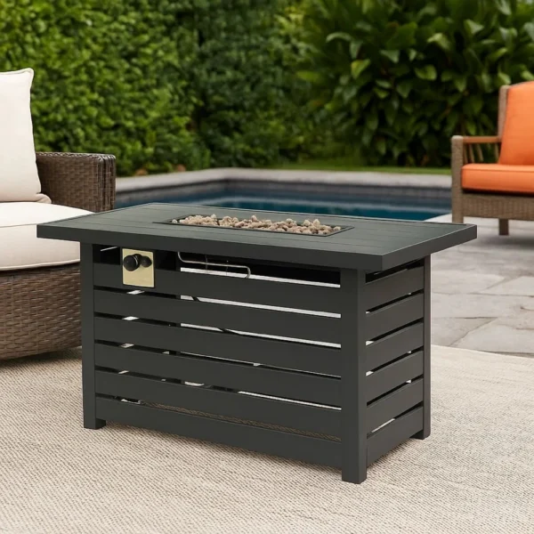 BM335462_6 Outdoor Fire Pit, Black Iron, Inner Propane Gas Tank Storage, 47 Inch