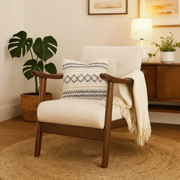 BM335473_6 Accent Armchair, Soft Button Tufted Beige Fabric, Dark Brown Wood