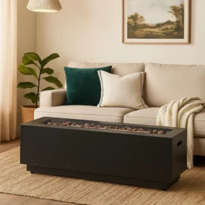 BM335475_6 Outdoor Fire Pit, Dark Brown, Gold Iron Frame Rectangular 48 Inch