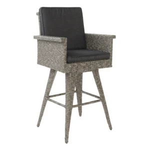 Outdoor Barstool Chair, Gray Black Wicker Rattan, Polyester Cushions