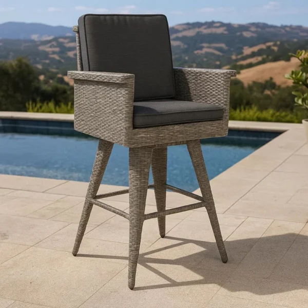 BM335476_7 Outdoor Barstool Chair, Gray Black Wicker Rattan, Polyester Cushions