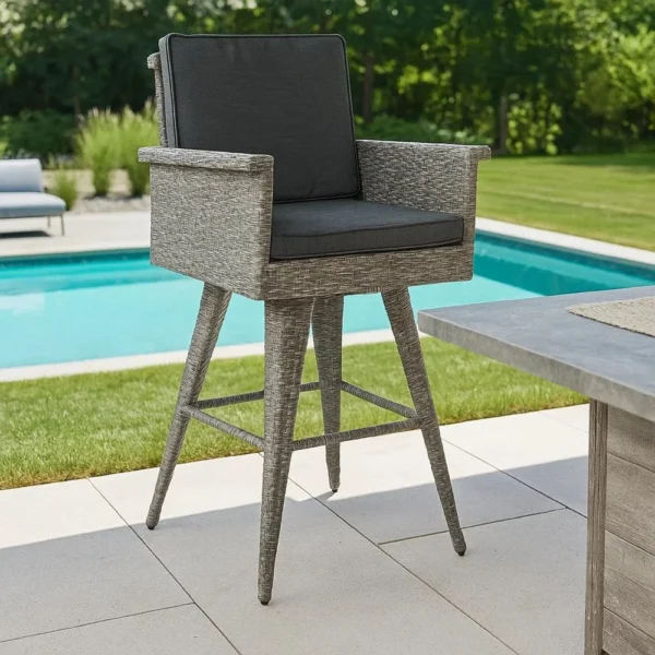 BM335476_8 Outdoor Barstool Chair, Gray Black Wicker Rattan, Polyester Cushions
