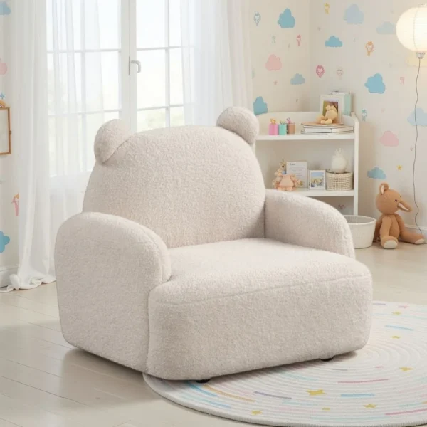 BM335485_5 Raye Bear Shaped Kids Armchair with Black Legs, Beige Teddy Velvet