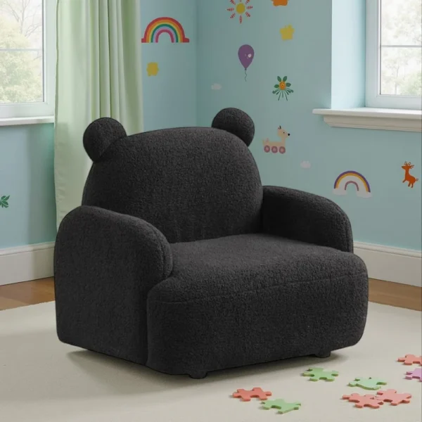 BM335487_5 Raye Bear Shaped Kids Armchair with Black Legs, Black Teddy Velvet
