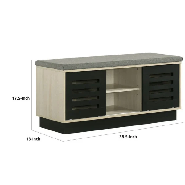 Moxie Shoe Cabinet, Black Sliding Doors, Fabric Top, Oak Wood 39 Inch