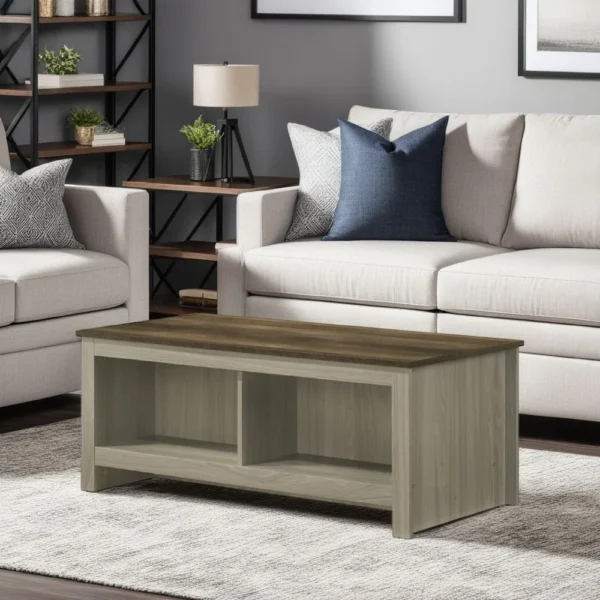 BM335498_5 Nena Coffee Table with Open Shelves, Brown Wood Top, Oak Gray 43 Inch