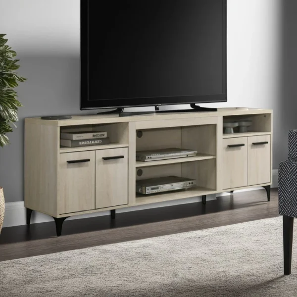 Evans TV Stand Media Cabinet, 4 Doors and Adjustable Shelf, Oak Brown