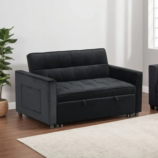 BM335516_5 Marve Convertible Sleeper Loveseat, Side Pockets, Black Velvet 54 Inch