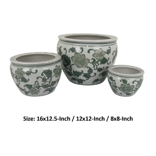 BM335633_4_4982f468-cc31-4a32-8d8f-7c84d4aa7eb3 Hely 3 Planter Set, Green White Floral Glazed Ceramic 16, 12, 8 Inch