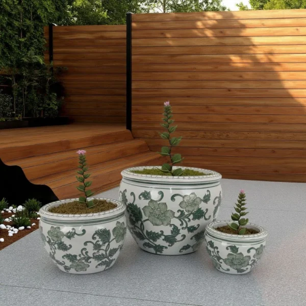 BM335633_5 Hely 3 Planter Set, Green White Floral Glazed Ceramic 16, 12, 8 Inch