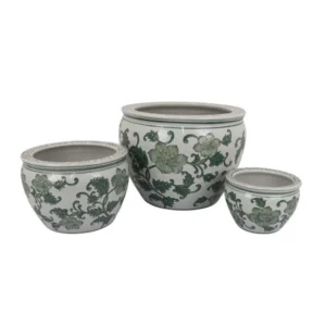 BM335633_f0382a61-20e5-4417-b3de-783a3d60abef Hely 3 Planter Set, Green White Floral Glazed Ceramic 16, 12, 8 Inch