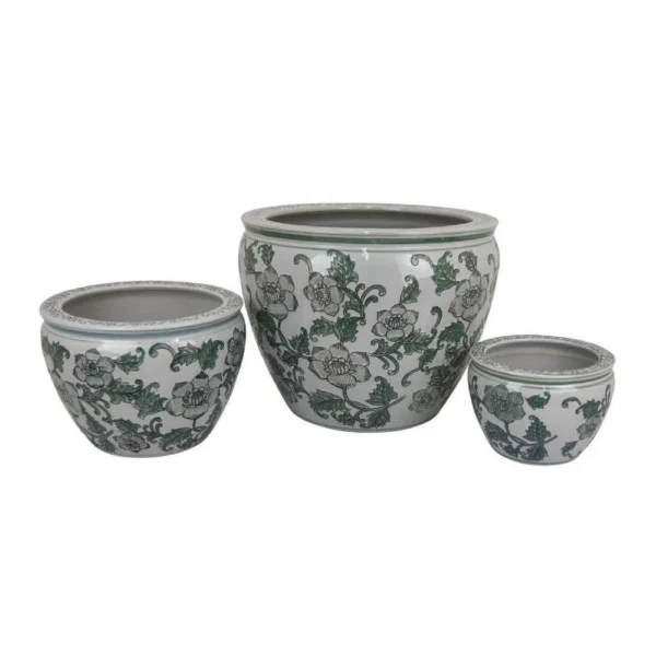 BM335634_1adc93f5-9ab3-4c16-8fca-bcefe0fa70ad Hely 3 Planter Set, Green Vine Pattern Gray Ceramic 20, 14, 10 Inch