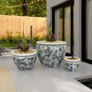 BM335634_5 Hely 3 Planter Set, Green Vine Pattern Gray Ceramic 20, 14, 10 Inch