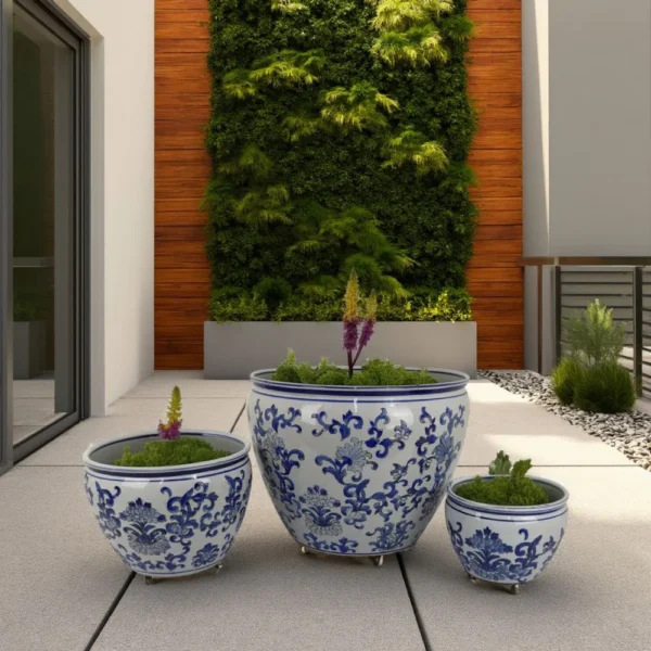 BM335635_5 Hely 3 Planter Set, Blue Floral Vine Off White Ceramic 20, 14, 10 Inch