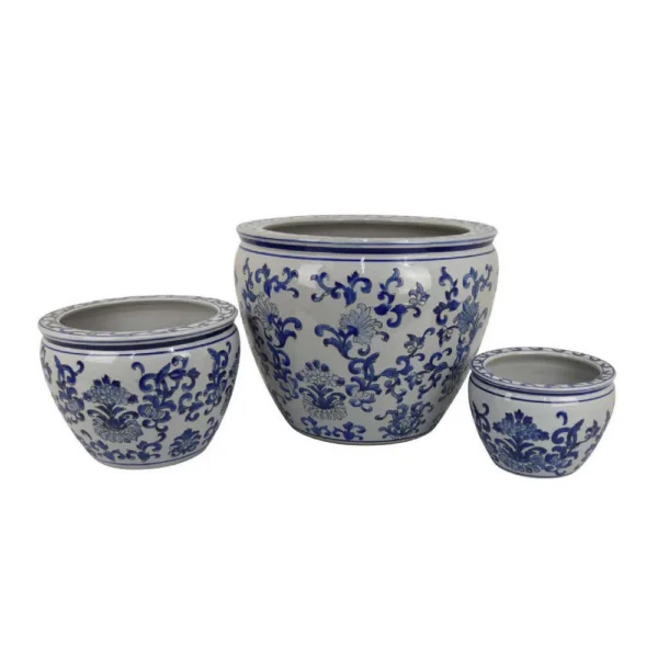 BM335635_57bb47cb-30c6-476e-a971-00c5d362ec05 Hely 3 Planter Set, Blue Floral Vine Off White Ceramic 20, 14, 10 Inch
