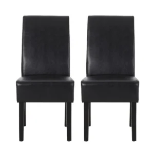 Dining Side Chair Set of 2, Black Rubberwood, Faux Leather Cushions