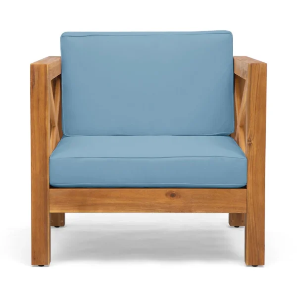 Juna Outdoor Accent Club Chair, Teak Brown Acacia Wood, Blue Fabric