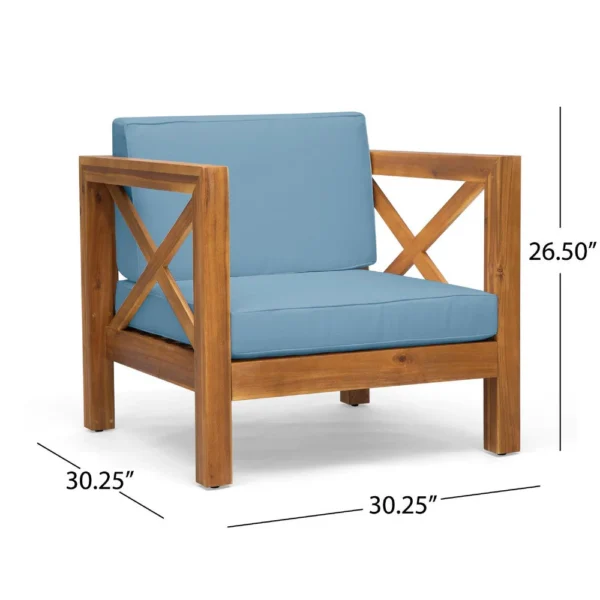 Juna Outdoor Accent Club Chair, Teak Brown Acacia Wood, Blue Fabric