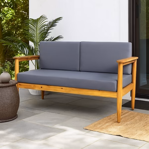 Gavie Outdoor Loveseat, Teak Brown Acacia Wood, Gray Fabric 53 Inch