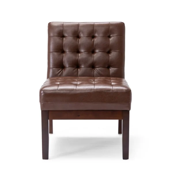 BM335656_1_df4836e4-0a35-4459-a25c-a306c234762c Armless Accent Chair, Tufted Dark Brown Faux Leather, Rubberwood Frame