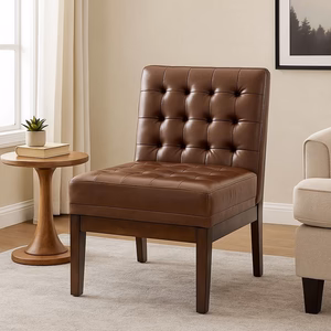 BM335656_5_002 Armless Accent Chair, Tufted Dark Brown Faux Leather, Rubberwood Frame