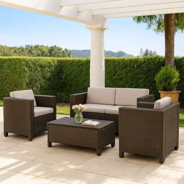 BM335691_5_743641ff-8cab-4fea-a047-32eb6a5d1755 Perie 4 Piece Outdoor Sofa Chair and Table Set, Brown Rattan, White