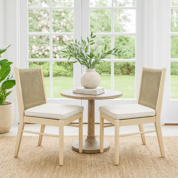 Orry Dining Side Chair Set of 2, Beige Roped Back, Acacia Wood