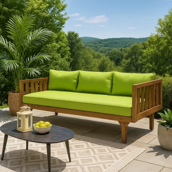 BM335823_5 Clara Outdoor Daybed, Brown Wood Slat Back, 68 Inch Green Fabric