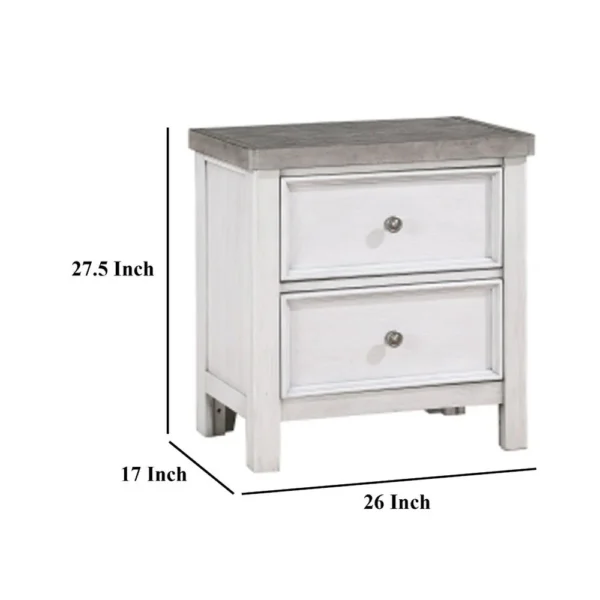 Amby Nightstand, 2 Drawers, Farmhouse Antique White, Gray Acacia Wood
