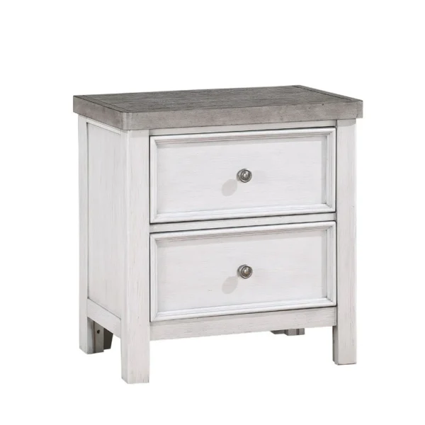 Amby Nightstand, 2 Drawers, Farmhouse Antique White, Gray Acacia Wood