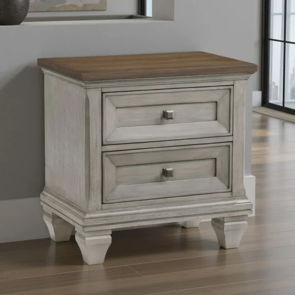 BM335832_5 Giny Nightstand, 2 Drawers, Brown and Antique Gray Acacia Wood Top