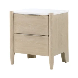 Maty Nightstand, 2 Drawers, White Marble Top, Light Oak Brown Ceruse