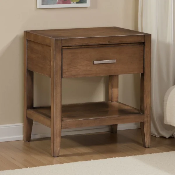 BM335838_5 Evi Nightstand, 1 Drawer w Lower Open Shelf, Brushed Rich Brown Wood