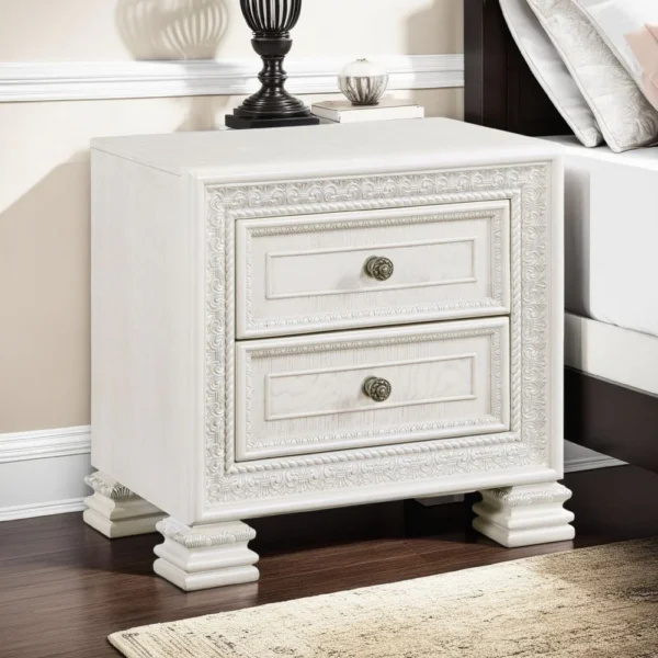 Rotu Nightstand, 2 Drawers Rope Molding, White Ash Veneer, 28 Inch