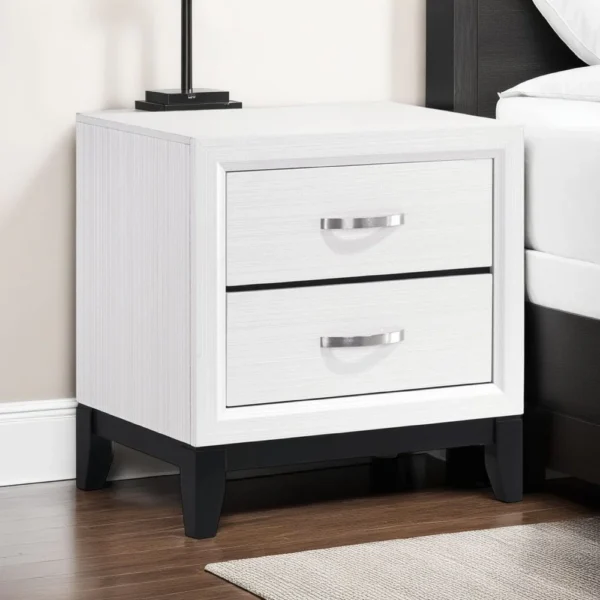 BM335853_5 Ameya Nightstand, 2 Drawers w Chrome Handles, White and Black, 25 Inch