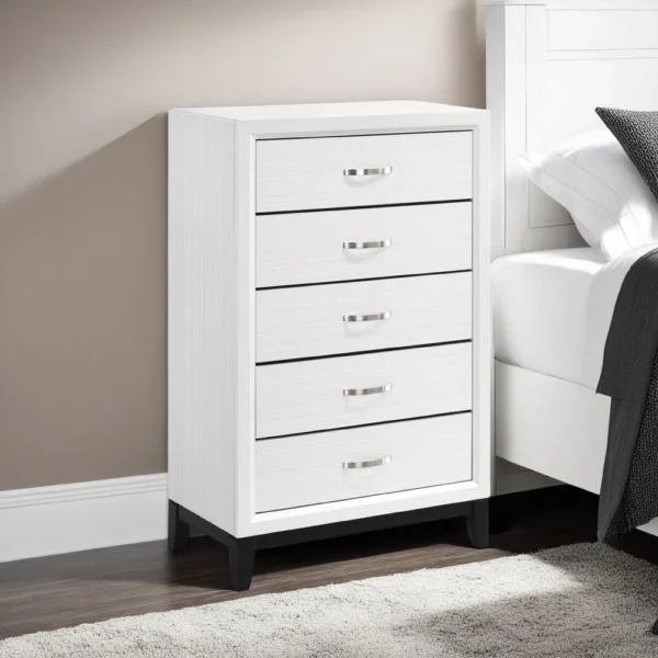 BM335855_5 Ameya Tall Dresser Chest, 5 Drawers w Chrome Handles, White and Black