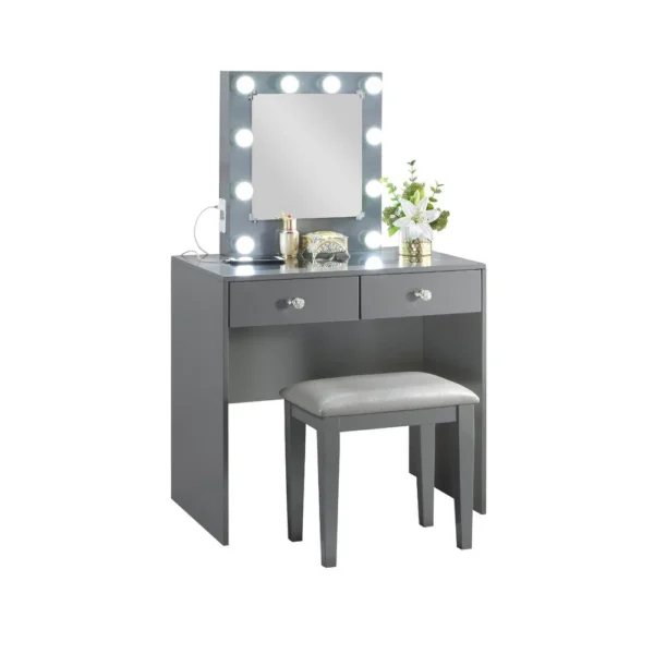 Hudi Makeup Vanity and Stool Set, 10 Lights, USB Power Outlet, Gray