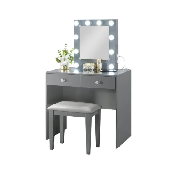 Hudi Makeup Vanity and Stool Set, 10 Lights, USB Power Outlet, Gray