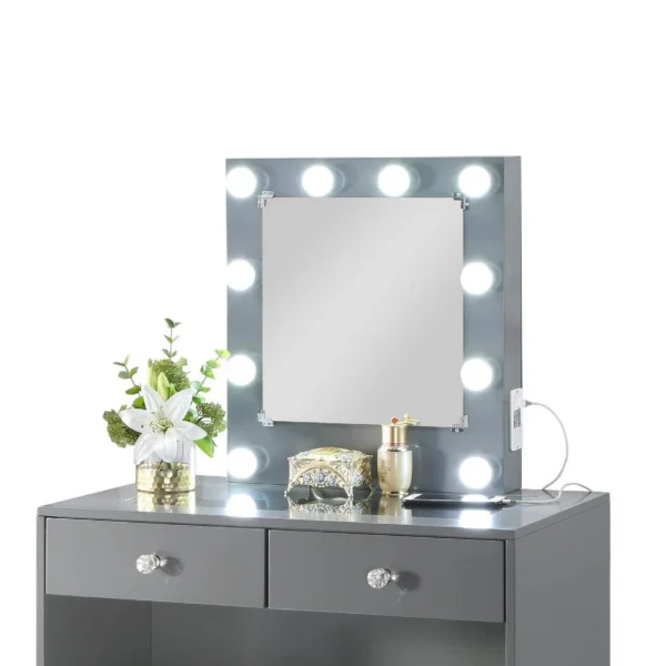 Hudi Makeup Vanity and Stool Set, 10 Lights, USB Power Outlet, Gray