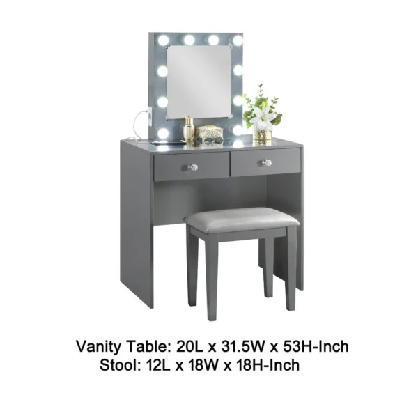 Hudi Makeup Vanity and Stool Set, 10 Lights, USB Power Outlet, Gray